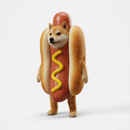 $HOTDOG mascot — a shiba inu wearing a hot dog costume with mustard